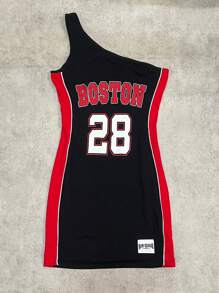 SHEIN 青少年女孩 Y2K 夏季篮球运动紧身运动风格迷你连衣裙，黑色和红色单肩撞色印花，休闲街头服饰和返校时尚 - 黑色 - 查看 2