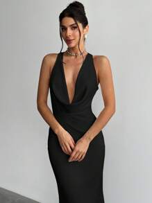 Firerie Nowość na Walentynki Prosta Elegancka Romantyczna Randka Impreza Seksowna Głęboki Dekolt w Serek Odkryte Plecy Ściągana Talia Biała Sukienka Maxi - Czarne - Zobacz 6