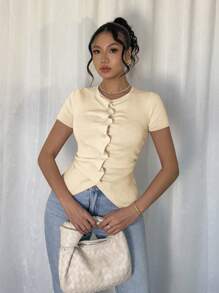 Islaluna New Retro Fitted Crinkle Asymmetric Button Design Women Knit Tops, Suitable For Spring/Autumn - Apricot - View 6