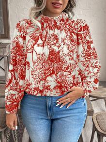 SHEIN Clasi Plus Size Women Floral Print Stand Collar Long Sleeve Loose Blouse