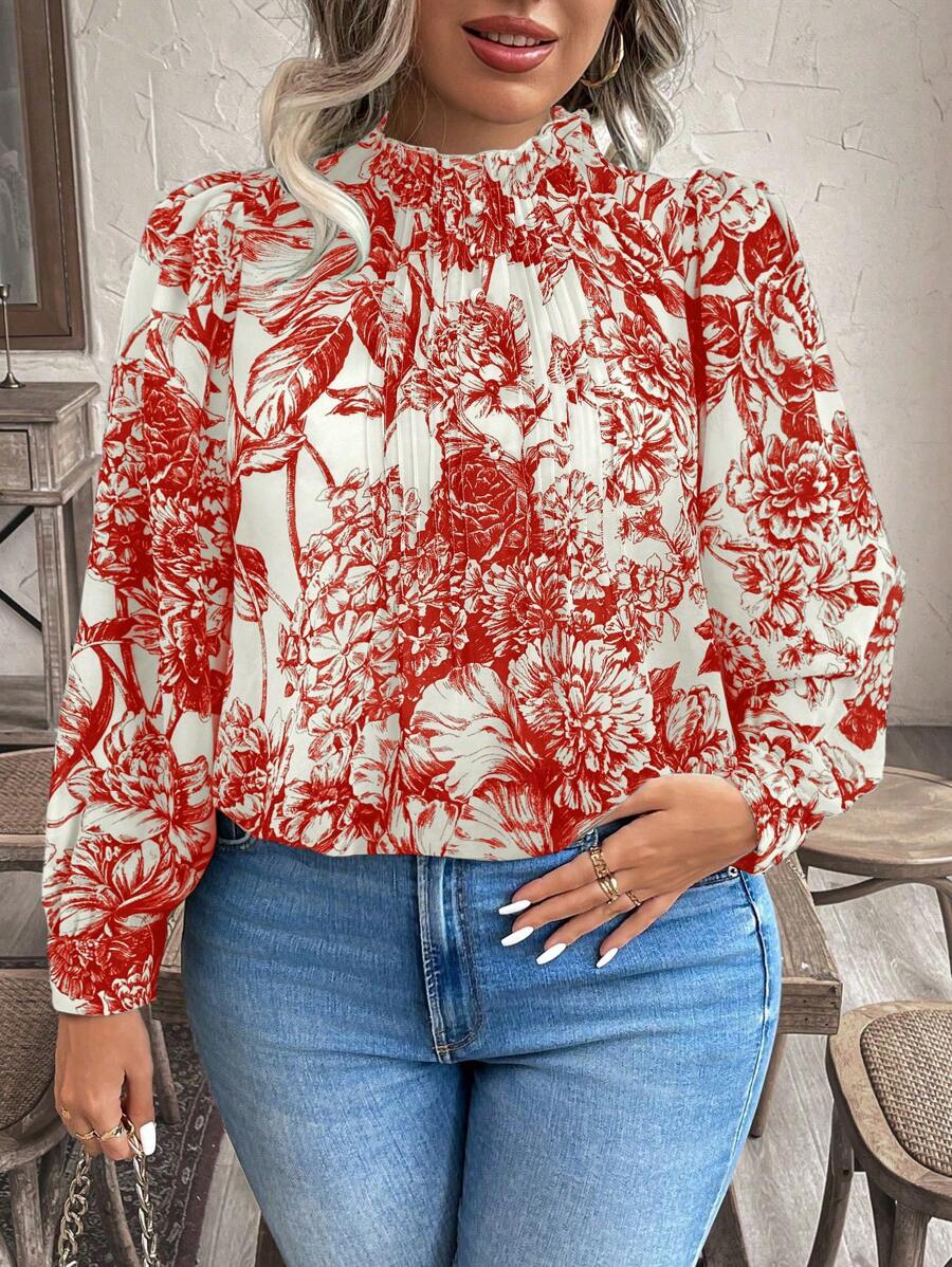 SHEIN Clasi Plus Size Women Floral Print Stand Collar Long Sleeve Loose Blouse