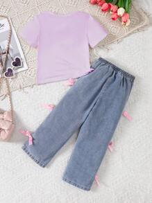 2pcs/Set Girls Butterfly Print Short Sleeve T-Shirt & Ruffle Trim Denim Jeans, Suitable For Daily Wear In Summer