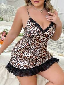 Plus Size V-hals Faux Zijden Luipaard Print Flounce Zoom Splice Slip Dress
