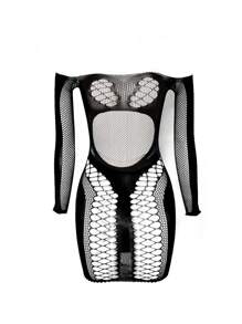 Spicy Aura 1pc Women Off-The-Shoulder Hollow Out Bodycon Mini Sexy Lingerie Dress - Black - View 3