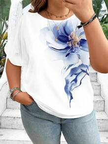 EMERY ROSE Camicia casual a maniche corte da donna con scollo rotondo, oversize, con stampa floreale