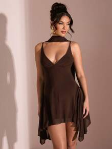 SHEIN BAE Summer Beach Vacation Elegant Solid Black Deep V-Neck Ribbon Mini Dress, Suitable For Daily Dating, Night Out, Nightclubs, Parties, Get-Togethers, Cocktail Parties, Holiday Jumpsuits, Pool Parties, Office Wear, Commuter Dresses,Valentine's Day,Valentine Outfits For Women - Coffee Brown - View 4