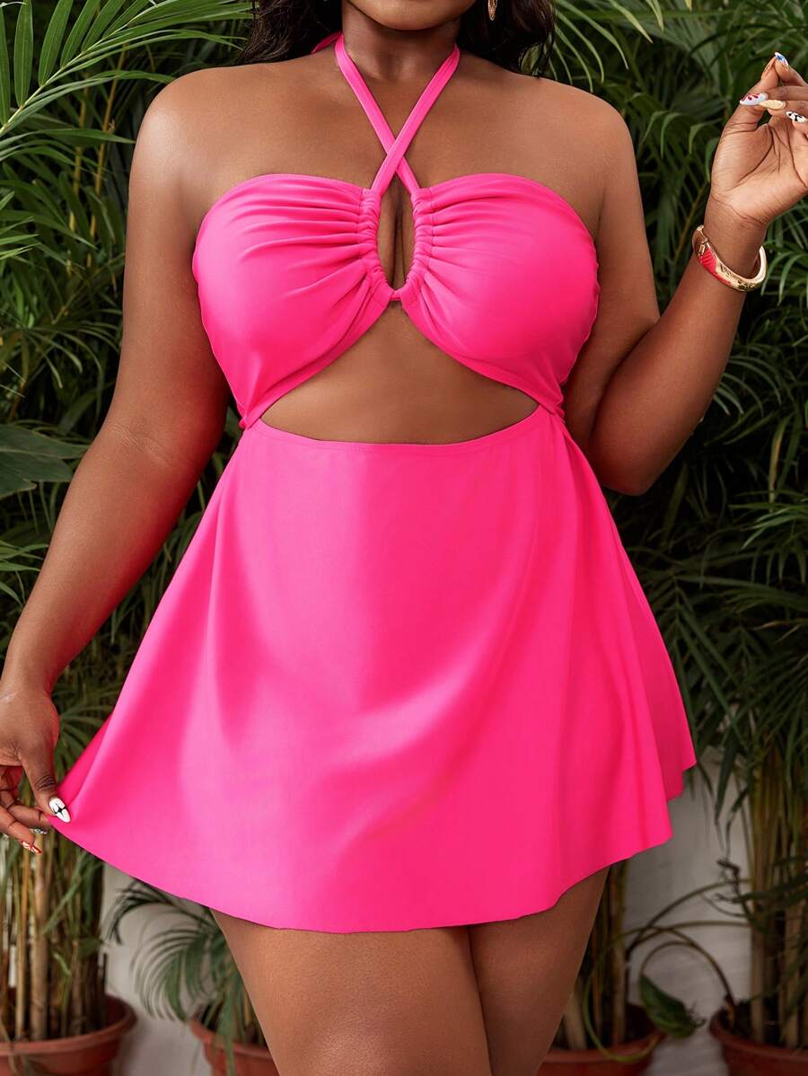 SHEIN Swim Curve Plus Size Women 2 Pieces Solid Color Swimwear, Removable Padded Halter Neck Hollow Out High Waisted Swimdress & Briefs, Elegant Casual Vacation Beach Slimming For Summer - Hot Pink - View 1