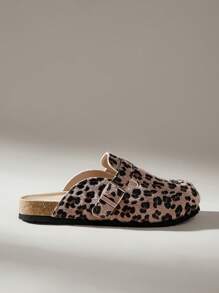 Solecia 女士豹纹圆头厚底拖鞋，休闲一脚蹬皮革拖鞋，适合日常、户外穿着