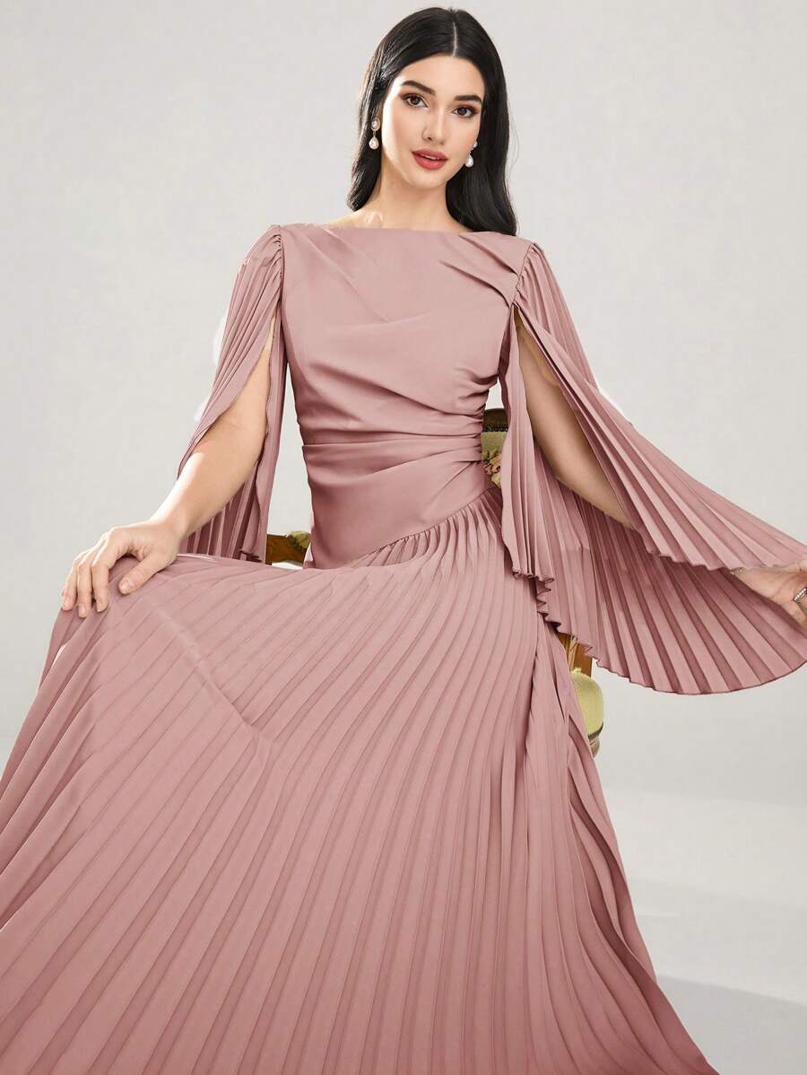 Modelyn 女士纯色圆领褶皱喇叭袖褶皱连衣裙,优雅 - 粉色 - 查看 1