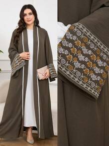 Al Najma Plus Size Elegant Floral Embroidered Flared Sleeve Jacket - Army Green - View 1