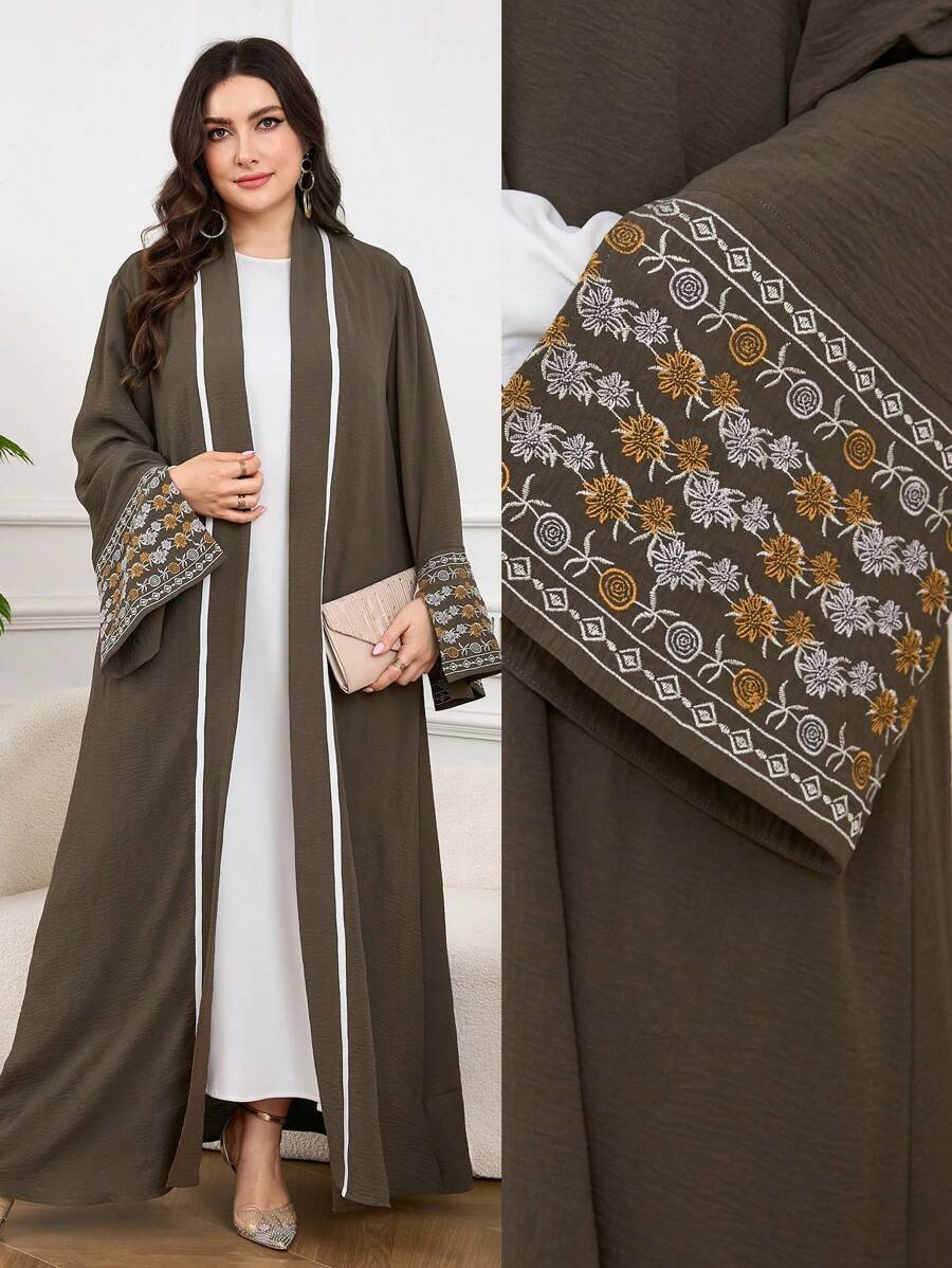 Al Najma Plus Size Elegant Floral Embroidered Flared Sleeve Jacket - Army Green - View 1
