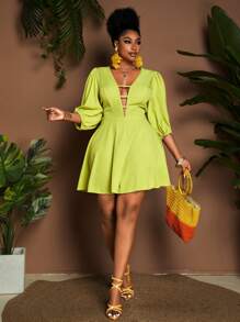 Maweii Plus Size Vacation Casual Solid Color Lantern Sleeve Romper - Green - View 3