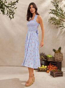 WESTFADE Summer Cherries Printed Gingham Smocked Square Neck Cute Bow Tie Backless A Line Ruffle Midi Dress Country Western Cowgirl Dress Spring Break Beach Vacation Outfit - Blue - View 3