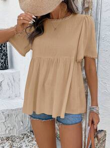 Chiquease Blusa de cuello redondo de manga corta, casual, con sensación de lino, para primavera/verano