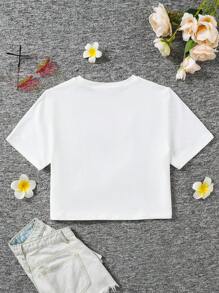 SHEIN Teens Girls Clean White Casual Sweet Y2k Valentine's Day Cute Crew Neck Short Sleeve T-Shirt, Fitted, Suitable For Spring & Summer - White - View 2