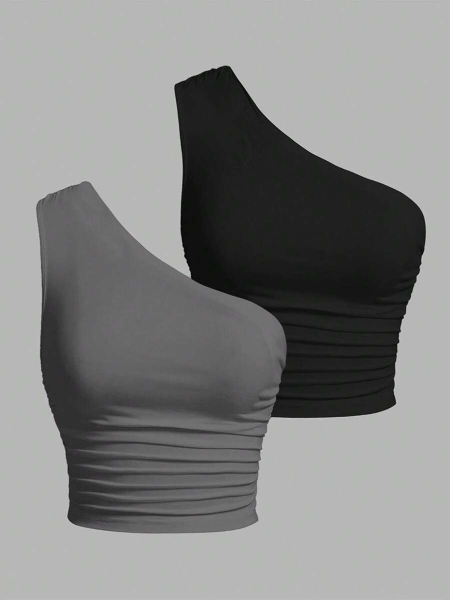 SHEIN EZwear Two-Piece Set Women's Knitted One-Shoulder Top, Black And Grey - Grey - View 1