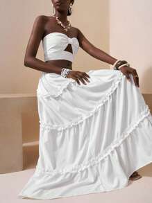 Slaydiva 新款春夏休闲度假性感优雅裹胸桃心领前镂空短款上衣+多层耳边拼接短裙长裙白色女两件套-B - 白色 - 查看 4