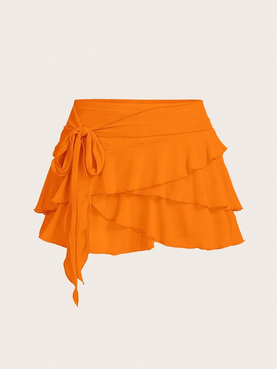 SHEIN ICON Women's Multi-Layer Ruffle Trim Low Rise Y2K Mini Orange Skirt - Orange - View 1