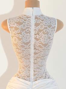 Mistrie 女士性感镂空侧开叉旗袍领蕾丝连衣裙 - 白色 - 查看 5