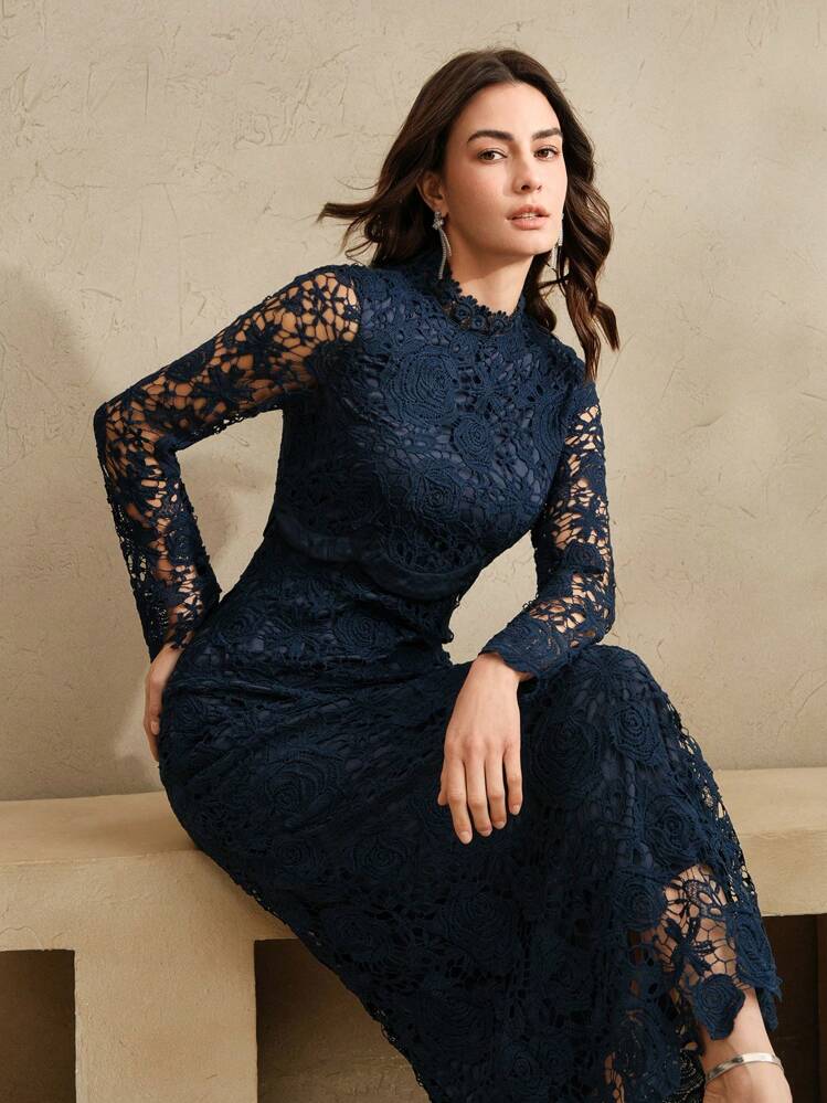 Anewsta Women's Elegant French Rose High-End Satin Contrast Lace Luxury Dress - Blue - View 5