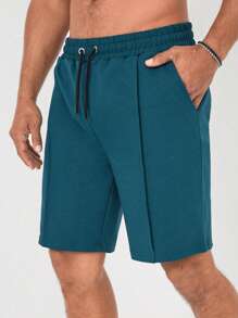 RueChic Men Drawstring Waist Seam Detail Shorts - Dark Green - View 6