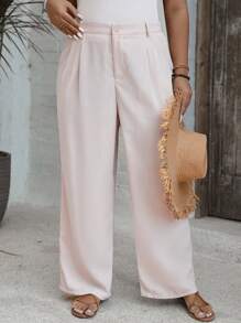 SHEIN VCAY Plus Size Women's Solid Color Pleated Pockets Wide Leg Casual Pants - Apricot - View 4