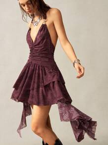 Bohemela Boho Women Backless Fitted Asymmetrical Hem Mini Knit Dress