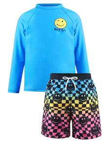 Conjunto de camiseta de manga larga impresa para niños preadolescentes y pantalones cortos de natación impresos en ajedrez degradado en color (impresión de posicionamiento)