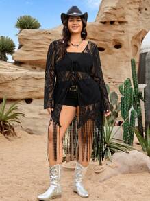 SHEIN EZwear Plus Size Women's Lace Sheer Top - Black - View 2