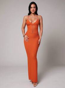 Silquee 女士纯橙色钩针镂空交叉后背弹力紧身长裙，适合海滩度假、女生夜生活、街头装扮、春假、泳池派对、欧洲度假、比基尼罩衫 - 亮橙色 - 查看 2