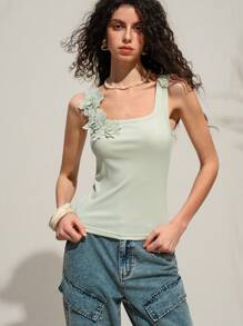 Chiquease Women's Basic Solid Color Spring/Summer Embroidered Applique Decor Square Neck Knit Tight Fitting Sleeveless Camisole Top,Summer Tops,Tank Top, - Green - View 6