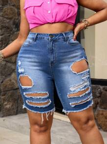 SHEIN SXY Plus Size Denim Shorts, Casual And Fashionable, Suitable For Summer - Blue - View 1
