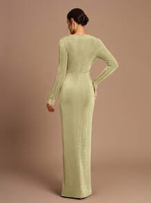 SHEIN Belle Vestido de dama de honor de punto de manga larga, con corte recto, abertura lateral y cintura fruncida, en un elegante y romántico color café