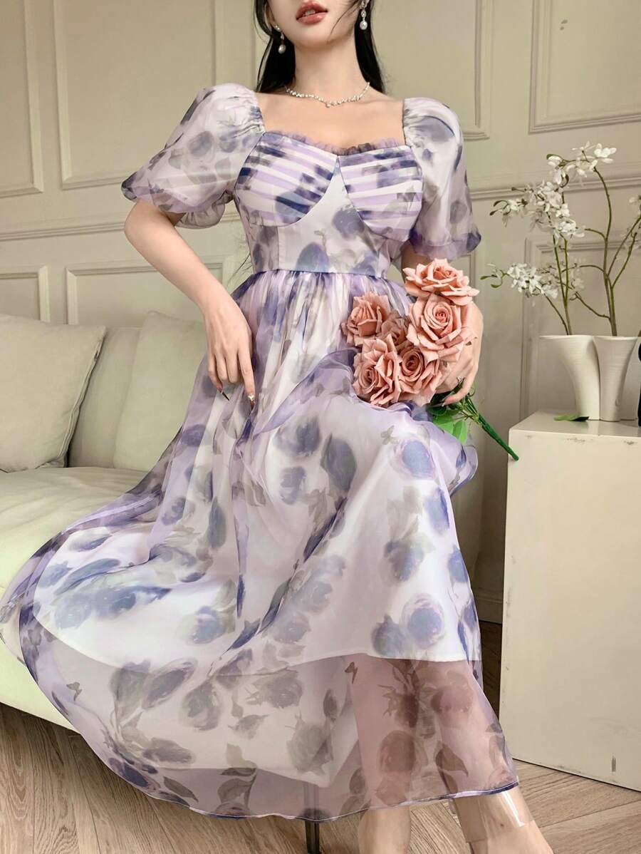 DAZY Women Mid-Calf V-Neck Pleated Rose Floral Print Casual Dress, Summer Boho Vacation Outfits Women - Mauve Purple - View 1