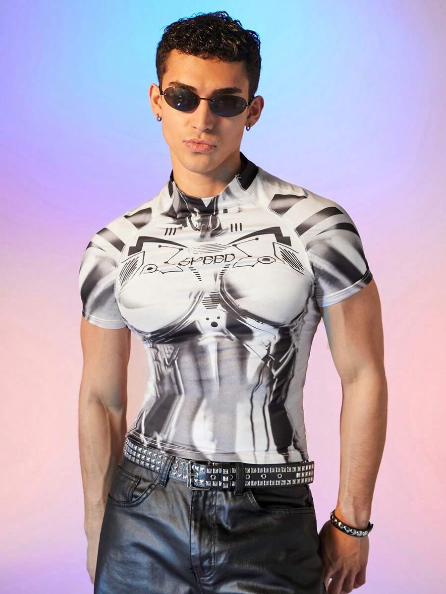 FeverCity 男女同款街头风机械印花针织插肩袖短款圆领修身短款 T 恤，时尚，夏季 - 彩色 - 查看 1