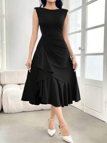 Modelyn Women's Solid Color Round Neck Ruffle Patchwork Midi Elegant Dress - Black - View 4