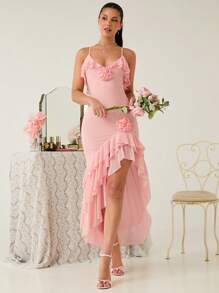 Enchnt 这款浪漫粉色3D立体花朵装饰荷叶边高开衩露背长裙，是春夏的完美之选。它甜美、优雅又性感，适合生日派对、节日聚会、浪漫约会、度假、毕业季、夏季女装、童话风、宴会、婚礼宾客礼服、新娘送礼会白色礼服、演唱会礼服、嘉年华等各种场合。 - 粉色 - 查看 6