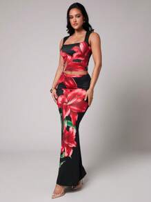 Silquee Ensemble camisole col V + jupe crayon taille basse moulante pour femmes, imprimé floral, ensemble ajusté et extensible, convient pour les vacances de printemps/été, la plage, les couvre-maillots de bain, les sorties du soir, les réunions entre amies, les fêtes de plage, les fêtes de piscine, les tenues de vacances, les fêtes dans la nature, les retraites en cabane, la Saint-Valentin romantique et les sorties en amoureux, deux-pièces, encolure asymétrique