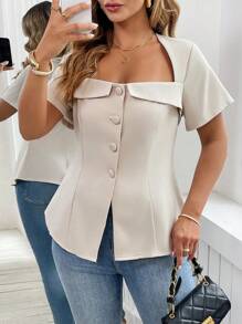 SHEIN Unity 大码女式法式优雅办公室淑女风格梯形领方领前襟纽扣装饰腰线褶皱 A 字下摆短袖衬衫，春夏