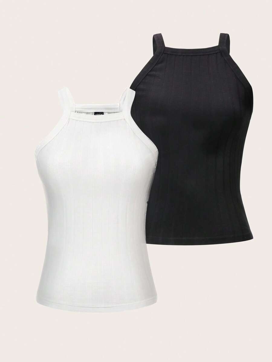 SHEIN EZwear 2 piezas Top de tirantes unicolor tejido de canalé - Blanco y Negro - Ver 1