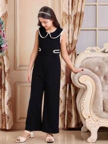 Tween Girl Ruffled Collar Sleeveless Wide Leg Fashionable Jumpsuit - Blue - View 3