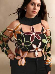 Anewsta 大码时尚性感镂空钩针针织毛衣套头衫秋冬款 - 黑色 - 查看 4