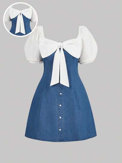 SHEIN MOD Women's Plus Size Denim Dress Fabric Splicing Sweet Bow And Puff Sleeves Flower Buttons Beautiful Summer Dress