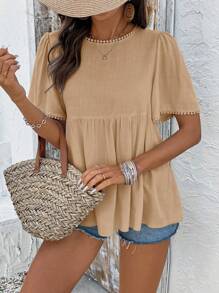 Chiquease Blusa de cuello redondo de manga corta, casual, con sensación de lino, para primavera/verano