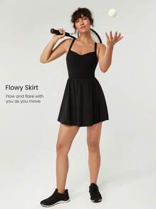 GLOWMODE Sweat-Wicking Quick-Dry Peekaboo Built-In Cups A-Line Crossover Back Mini Dress With Built-In Shorts Side Pockets Non-Slip Grips Tennis Golf Gym Daily Casual - Black - View 3
