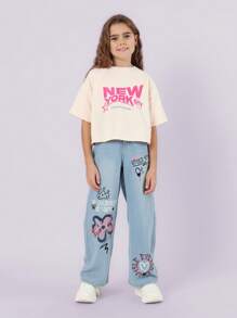 SUMWON Camiseta corta para adolescentes de NYC con gráfico impreso de la Quinta Avenida, estilo casual de moda callejera para el verano, regreso a la escuela, ropa urbana, básico genial