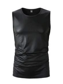 Manfinity LEGND Men's Solid Color Round Neck PU Leather Casual Vest Men Muscle Shirts