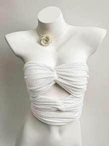 Lunelith SHEIN Lunessa Top corto con pliegues y retorcido hueco de terciopelo blanco, diseño minimalista de moda, adecuado para fiesta, vacaciones, diario, festival, primavera/verano