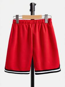 SHEIN Pantalones cortos deportivos para niño preadolescente con cordón en la cintura y ribete a rayas