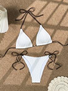 SHEIN Swim 2pcs/Set Halter Triangle Bikini And Crisscross Bandage Bottoms Swimwear For Summer Beach Vacation - White - View 3